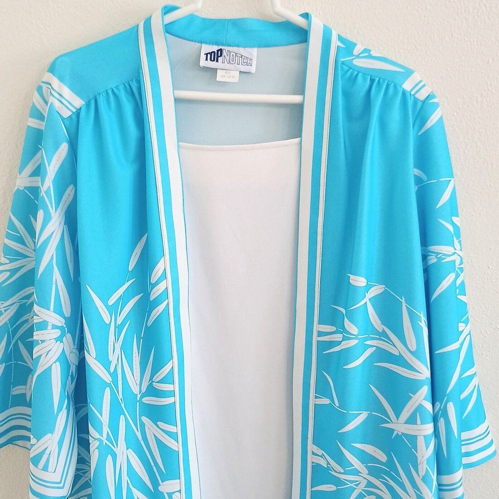Vtg Top Notch Layered Open Front Shirt 3/4 Sleeve Turquoise Hawaiian Sz 40/20W - Picture 3 of 9